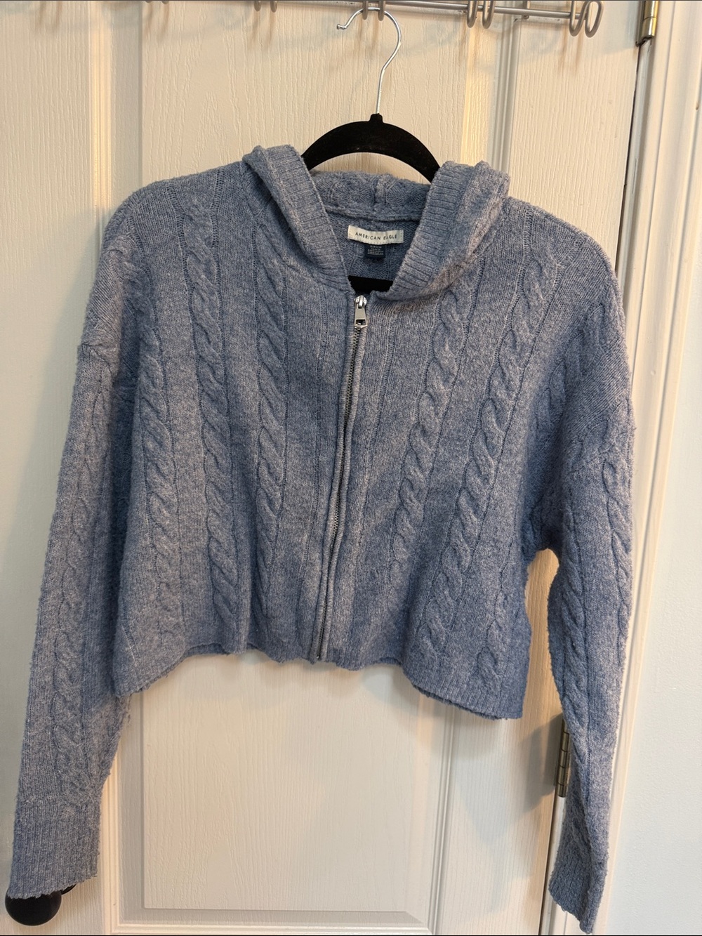 American Eagle Outfitters Light Blue Cable-Knit Hooded Zip Sweater